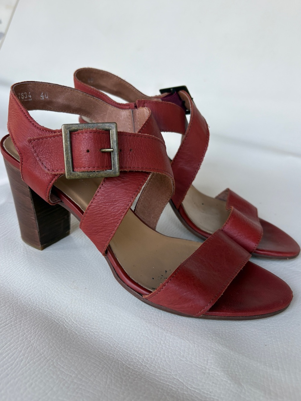 Red Leather Block Heel Sandals